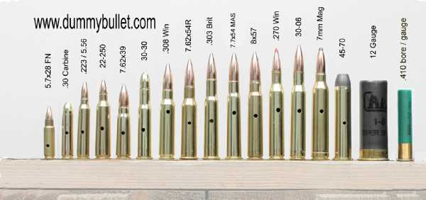 Calibers of bullets including 223, 5.56 39, 7.62, 30-30 win, 308